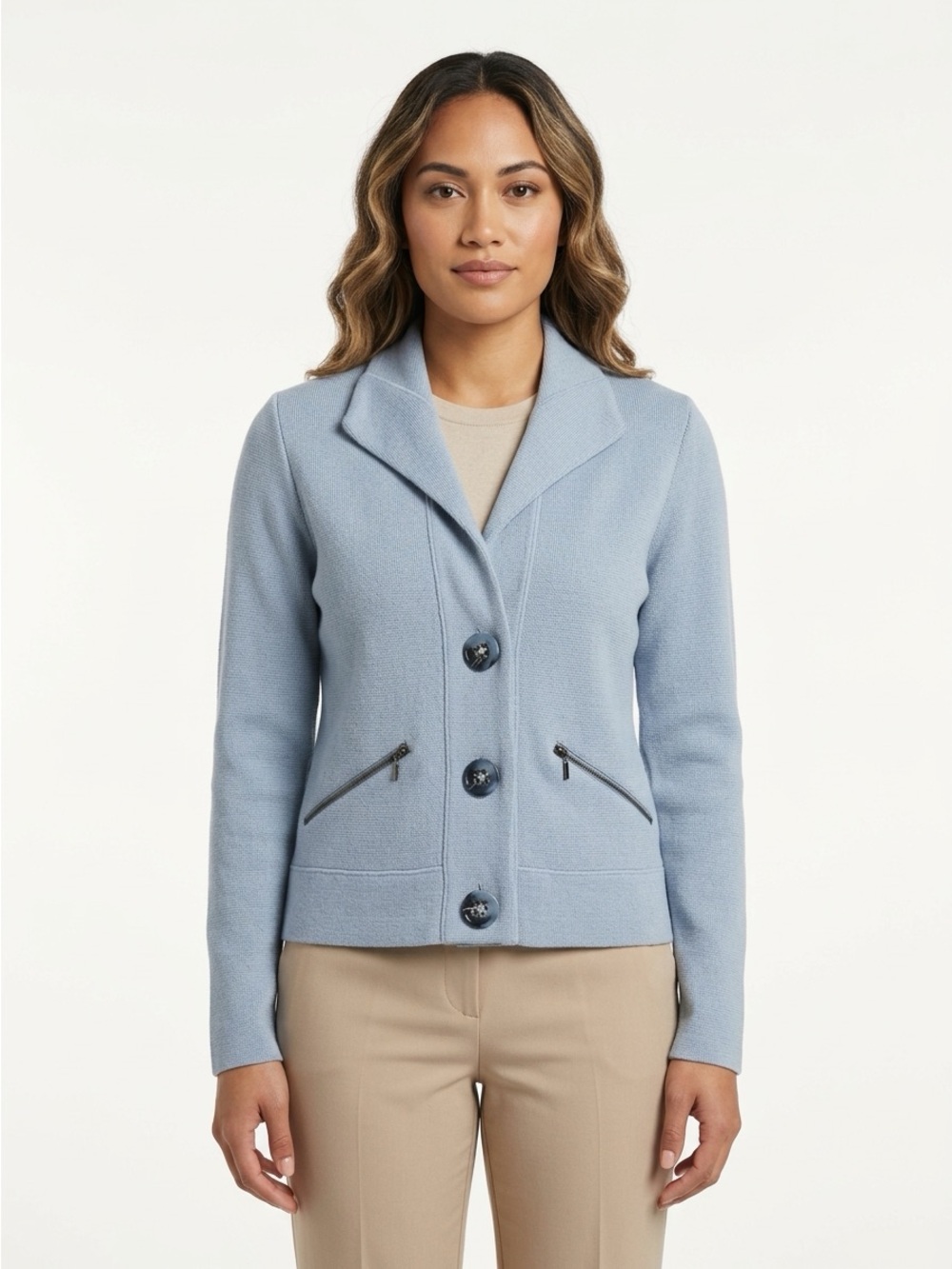 Carlisle Knit Sweater Jacket 3 Button Lapel Merino Wool Light Blue L